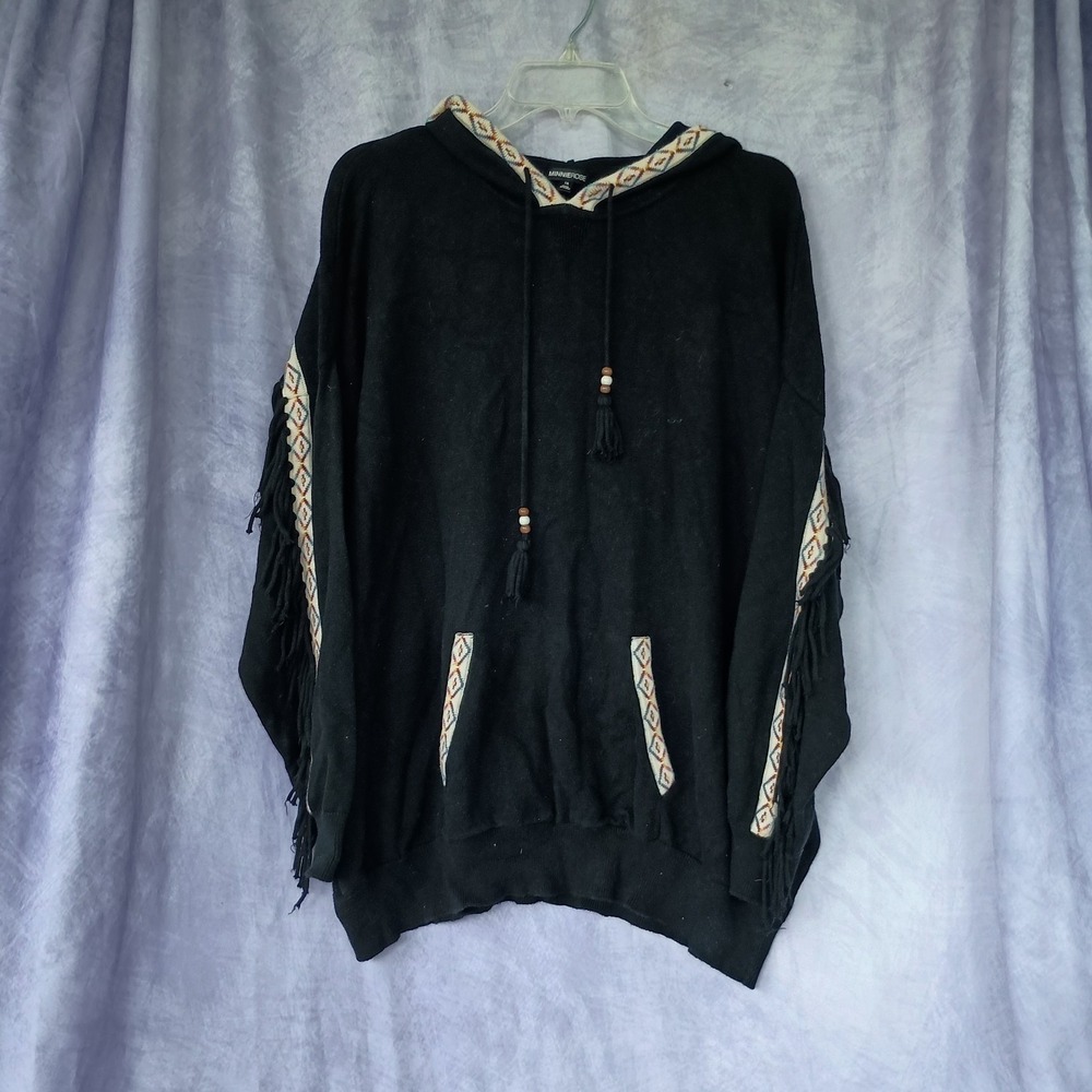 Minnie Rose Black Fringe Boho Poncho Hoodie Southwestern Trim